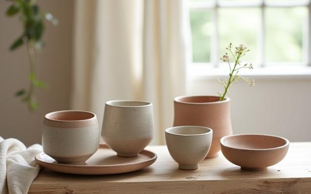 Eine Reihe von handgemachten Keramikstücken, wie Tassen und Schalen, delikat arrangiert auf einem Holztisch, mit sanftem Licht, das die feinen Texturen hervorhebt, was die Pflege und Werterhaltung symbolisiert.