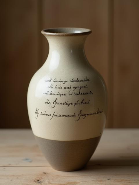 Handgefertigte Keramikvase mit einem eingravierten, kalligraphierten Gedicht