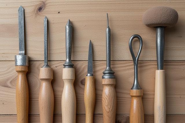 Verschiedene Töpferwerkzeuge auf einer Holzoberfläche