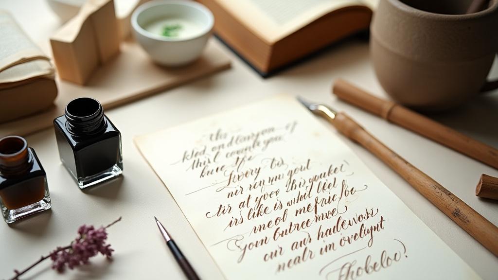 Schreibtisch mit verschiedenen Kalligraphie-Werkzeugen und einem offenen Buch mit elegant geschriebener Schrift