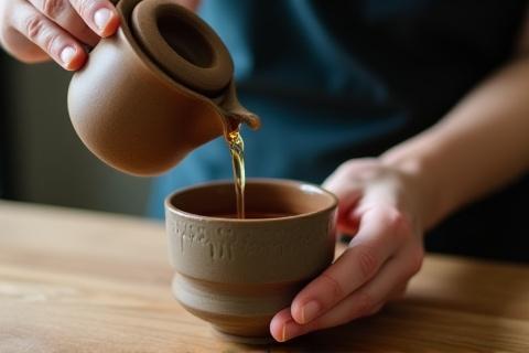 Eine Person gießt Tee vorsichtig in eine handgemachte Keramiktasse