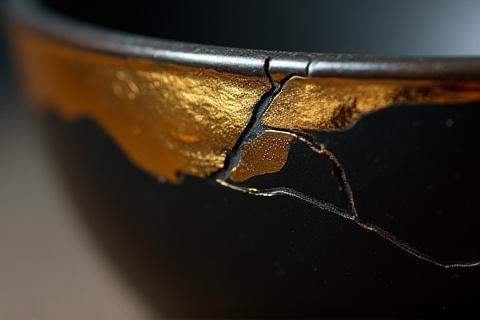 Eine Nahaufnahme eines Risses in einer Keramikschale, der mit Goldfarbe im Kintsugi-Stil repariert wird