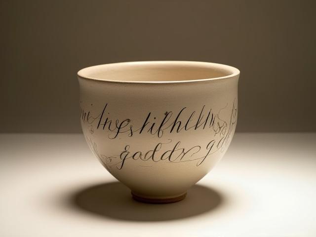 Ein fertiges Keramikgefäß mit kunstvoller Kalligraphie