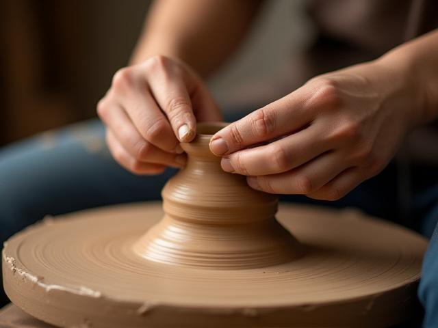 Eine Person an einer Töpferscheibe, die Ton formt