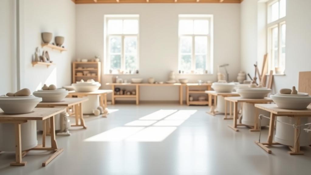 Studioansicht mit mehreren Töpferscheiben und Werkzeugen, bereit für einen Workshop